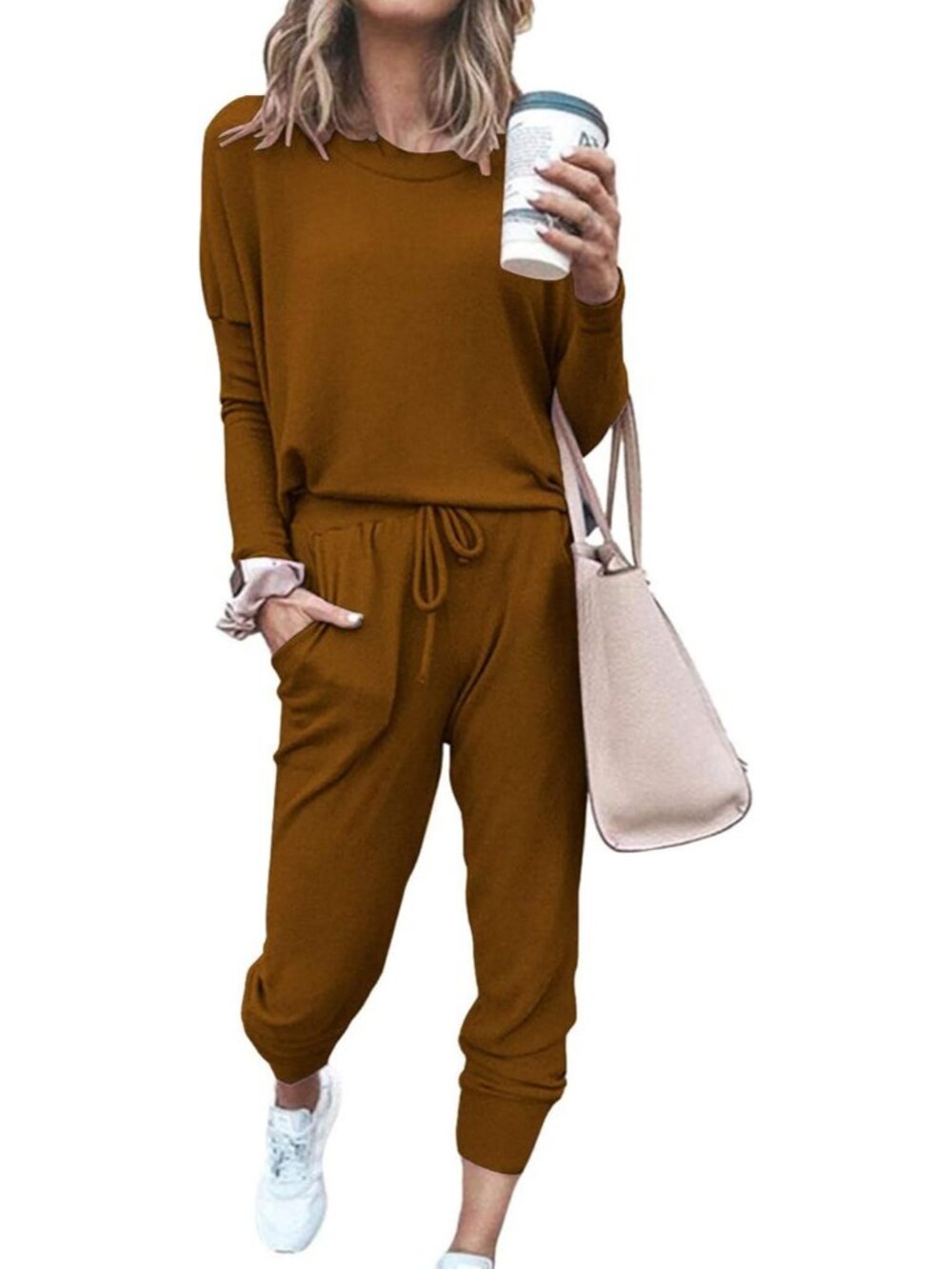 Women's 2 Piece Sets Light Brown Sweatsuits Casual Long Sleeve Sweatpants Fall